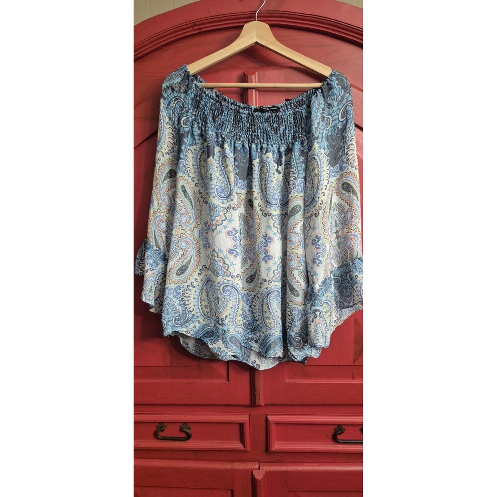 Zac & Rachel 1X Boho Blouse Blue Paisley Smocked Off Shoulder Bell Sleeve EUC